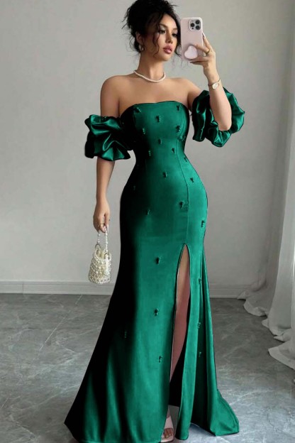Strapless Bubble Sleeves Long Split Prom Dress With Beading