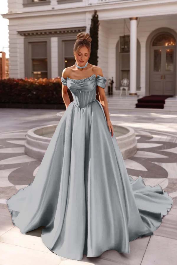 Off the Shoulder Sleeveless Long Prom Dress With Pleated Beading