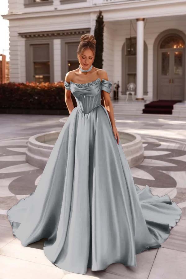 Off the Shoulder Sleeveless Long Prom Dress With Pleated Beading