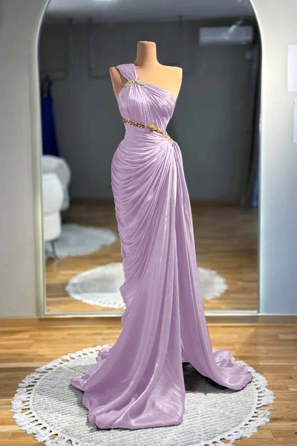One Shoulder Sleeveless Long Mermaid Prom Dress With Pleated