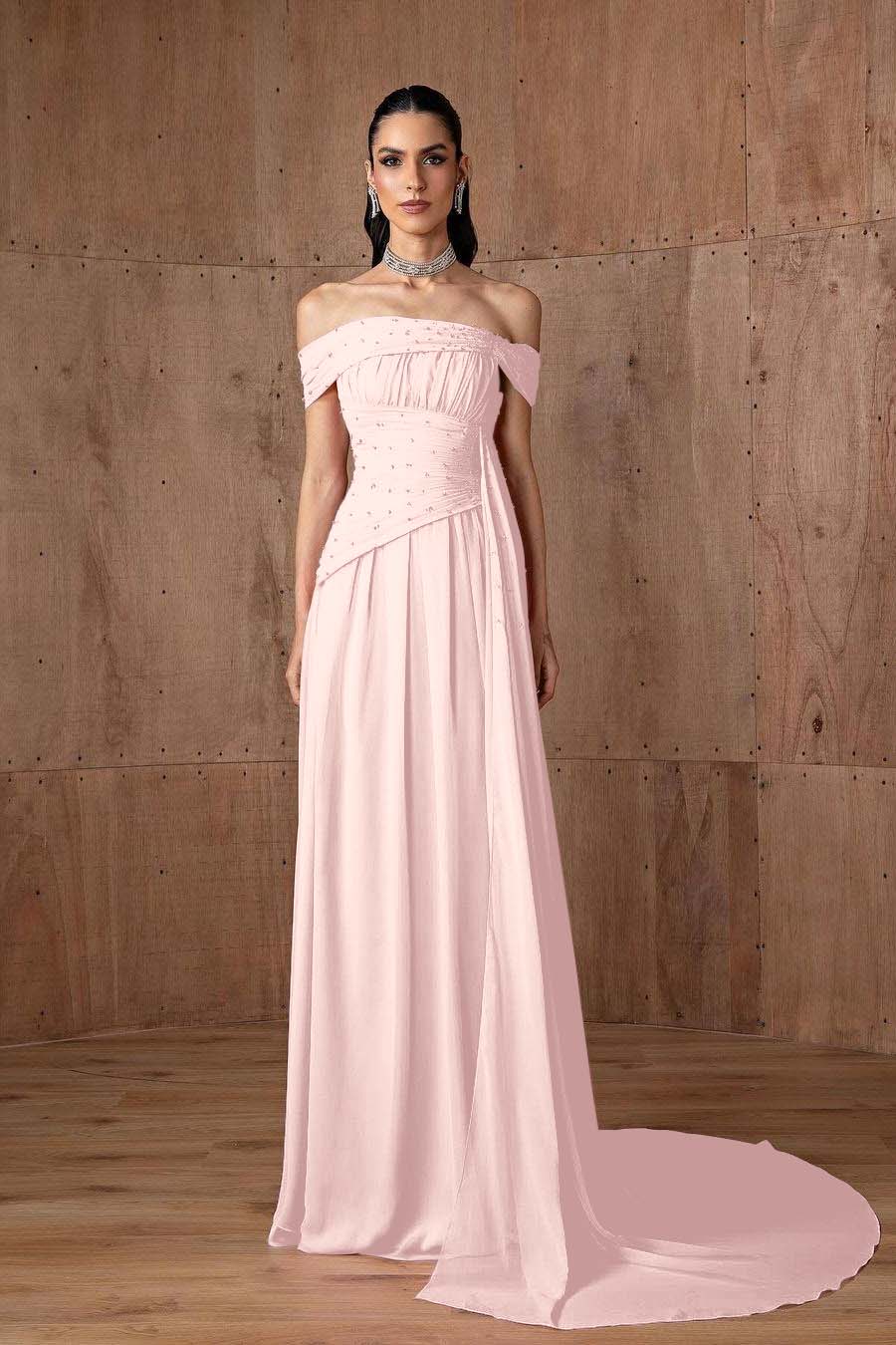 Off the Shoulder Sleeveless Strapless Ruffles Long Prom Dress With Beading