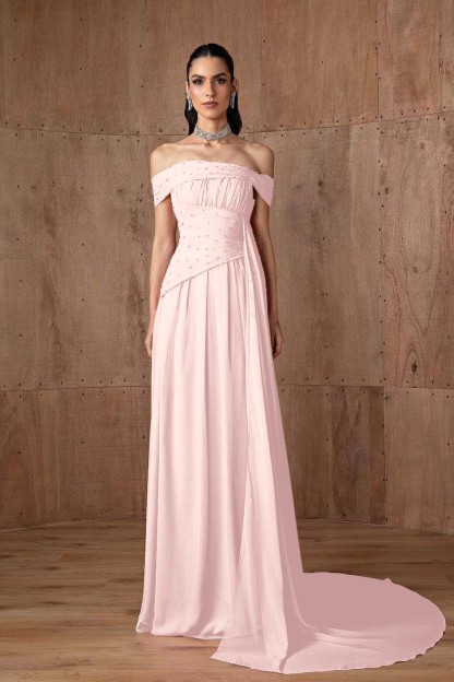Off the Shoulder Sleeveless Strapless Ruffles Long Prom Dress With Beading