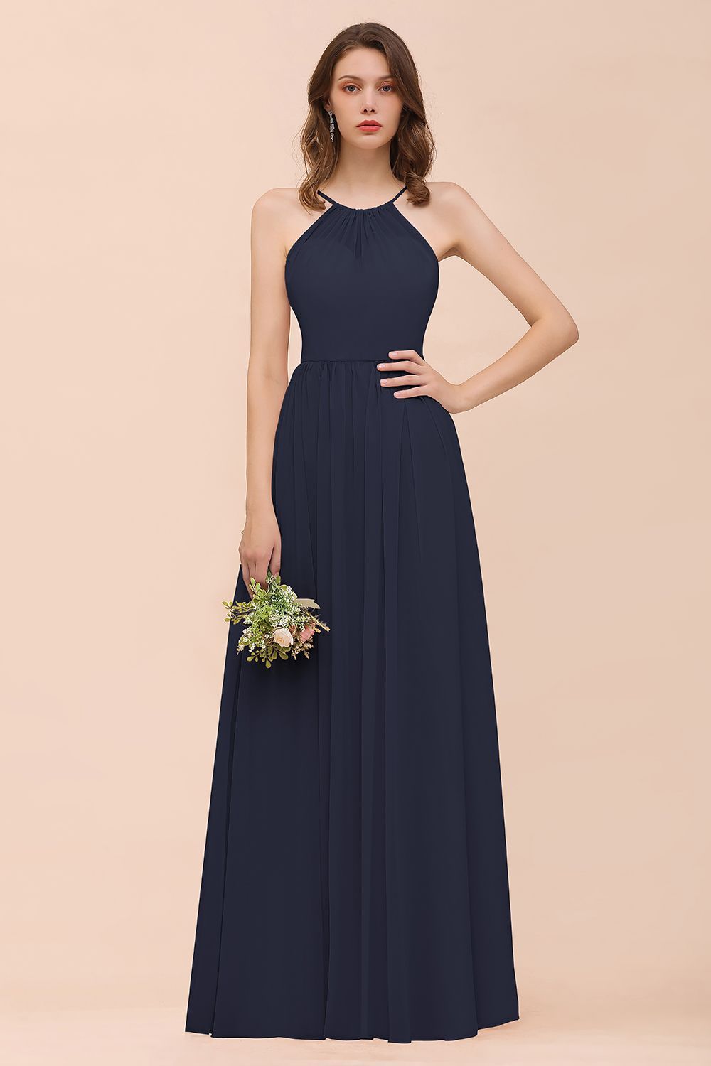 BMbridal Gorgeous Chiffon Halter Ruffle Affordable Long Bridesmaid Dress-BMbridal
