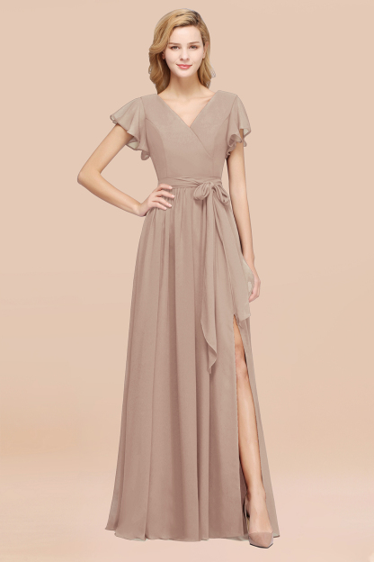 BMbridal Burgundy V-Neck Long Bridesmaid Dress With Short-Sleeves-BMbridal