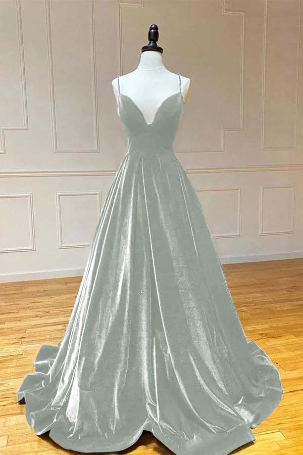 Spaghetti Strap V Neck Sleeveless Long Prom Dress With Pleated