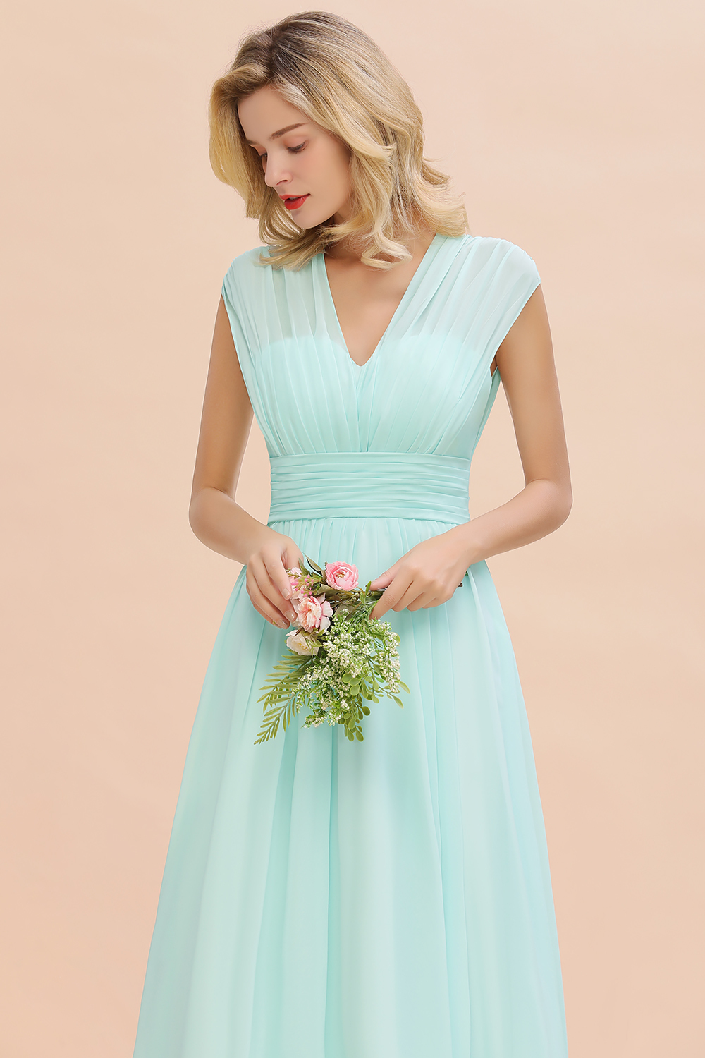 BMbridal Elegant Chiffon V-Neck Ruffle Long Bridesmaid Dresses Affordable-BMbridal