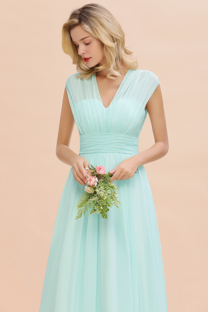 BMbridal Elegant Chiffon V-Neck Ruffle Long Bridesmaid Dresses Affordable-BMbridal