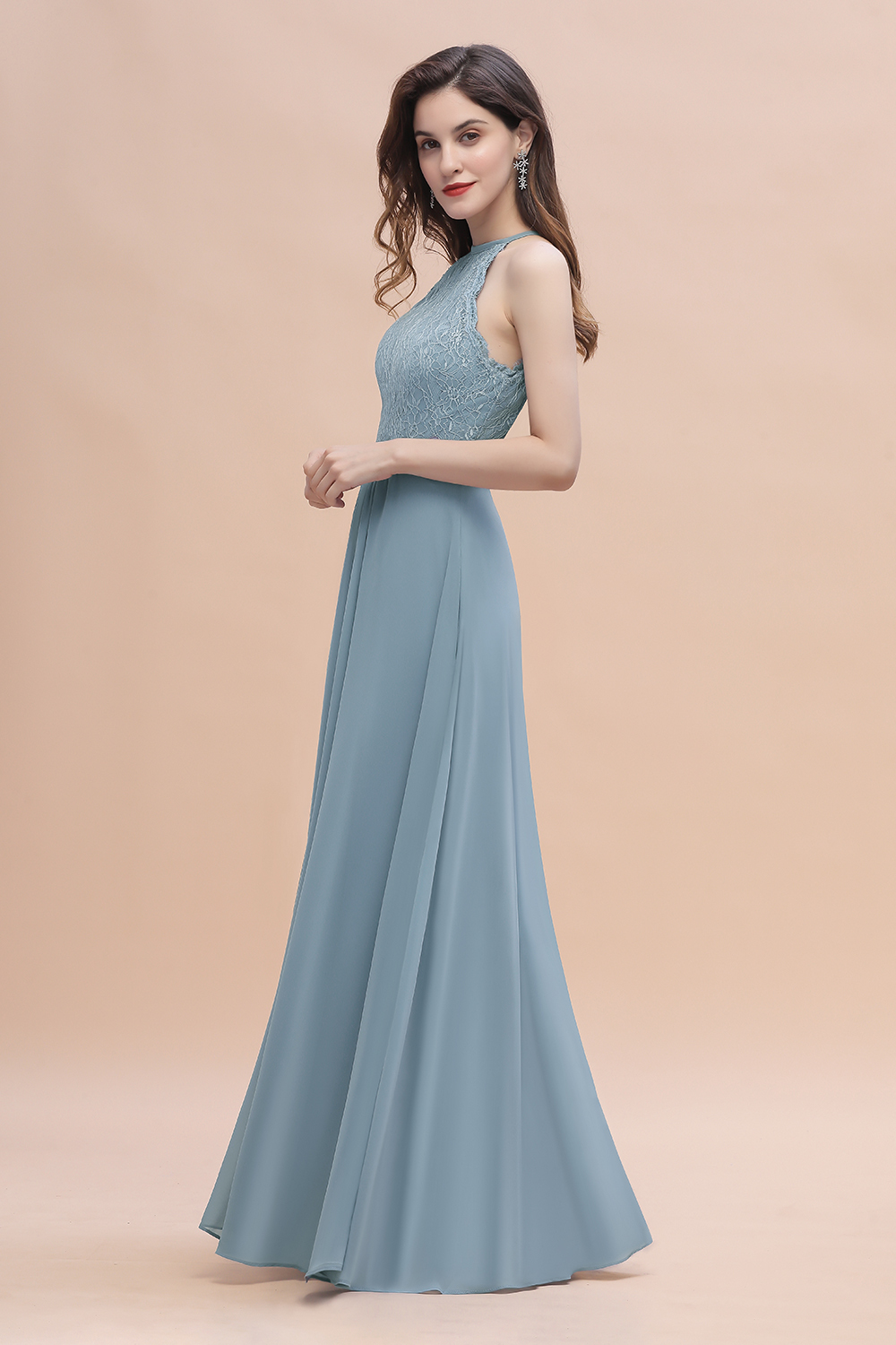 BMbridal Elegant Jewel Lace Appliques Dusty Blue Chiffon Bridesmaid Dress On Sale-BMbridal