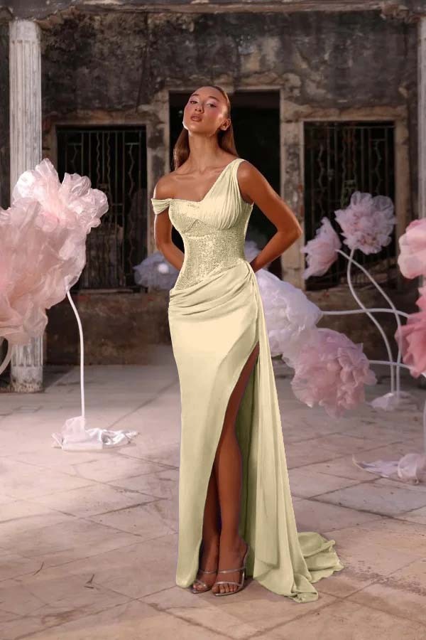 Sleeveless One Shoulder Long Split Prom Dress With Pleated Sequin