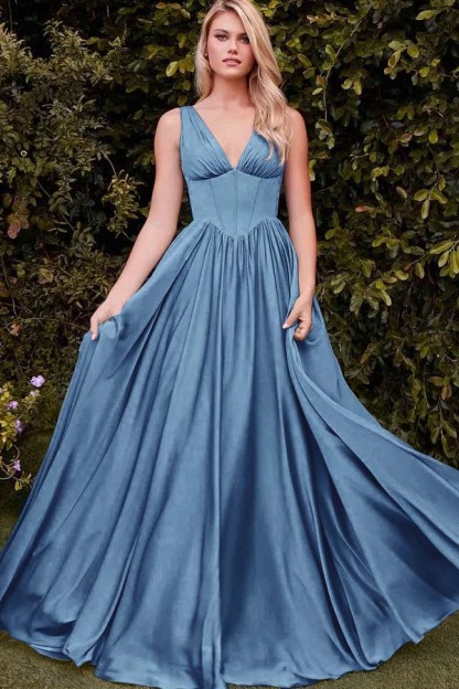 Straps V Neck Sleeveless Long A Line Prom Dress With Pleated