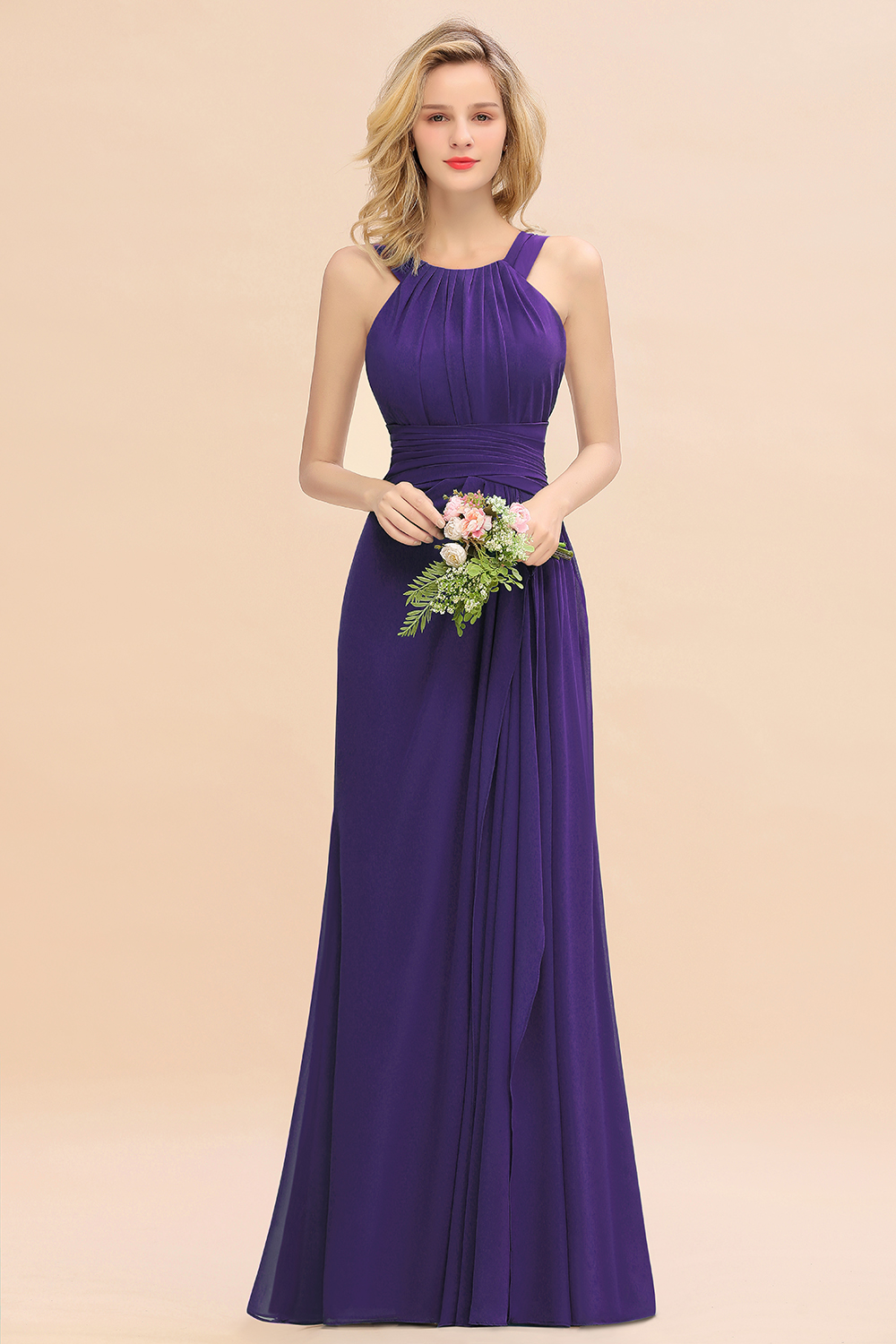 BMbridal Elegant Round Neck Sleeveless Bridesmaid Dress with Ruffles-BMbridal
