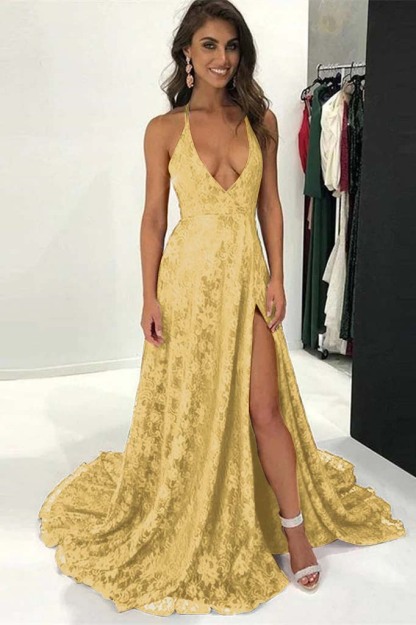 Burgundy Modern Halter Deep V Neck Backless Long Lace Prom Dress With Split