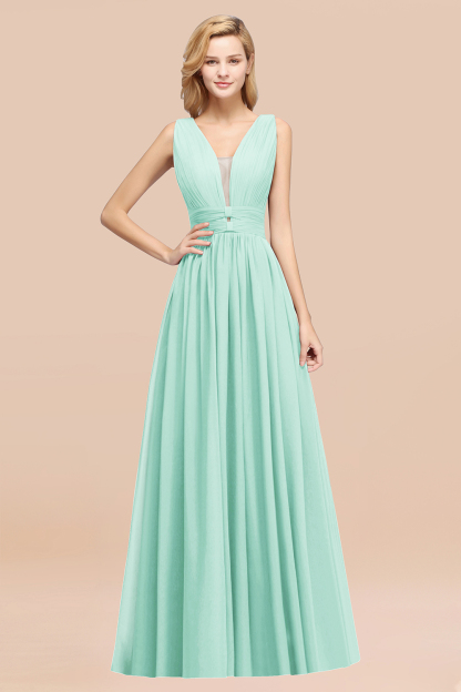 BMbridal Modest Dark Green Long Bridesmaid Dress Deep V-Neck Chiffon Maid of Honor Dress-BMbridal