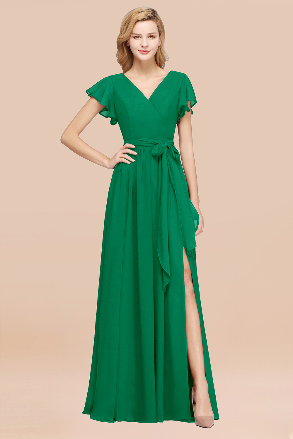 BMbridal Burgundy V-Neck Long Bridesmaid Dress With Short-Sleeves-BMbridal