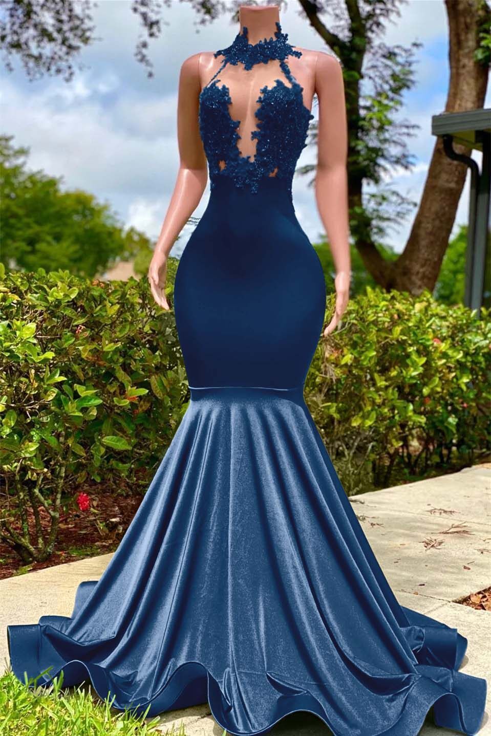Halter Sleeveless Long Mermaid Prom Dress With Appliques Ruffles