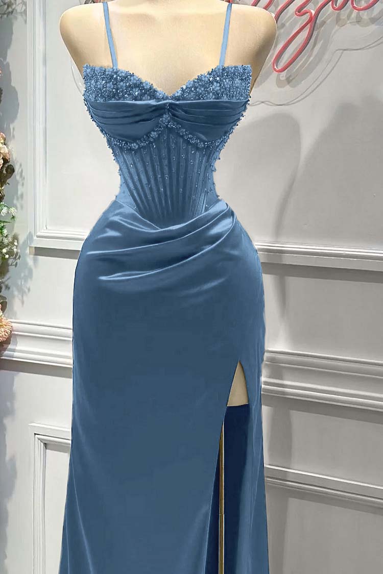 Red Spaghetti Strap Sleeveless Beading Long Prom Dress With Split