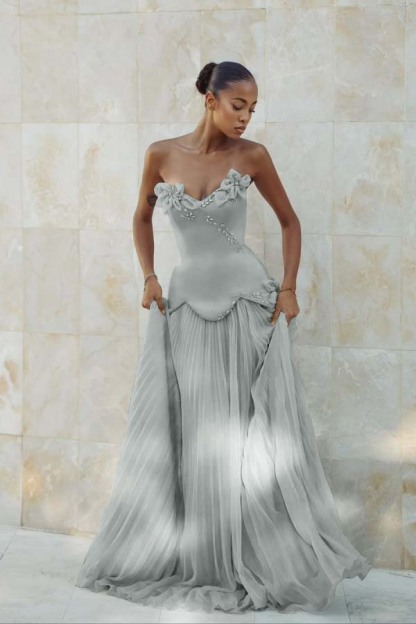 Stunning Strapless Sleeveless Long Prom Dress With Pleated Beading