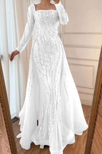 Square Neck Long Sleeves Long Mermaid Prom Dress With Beading Tulle