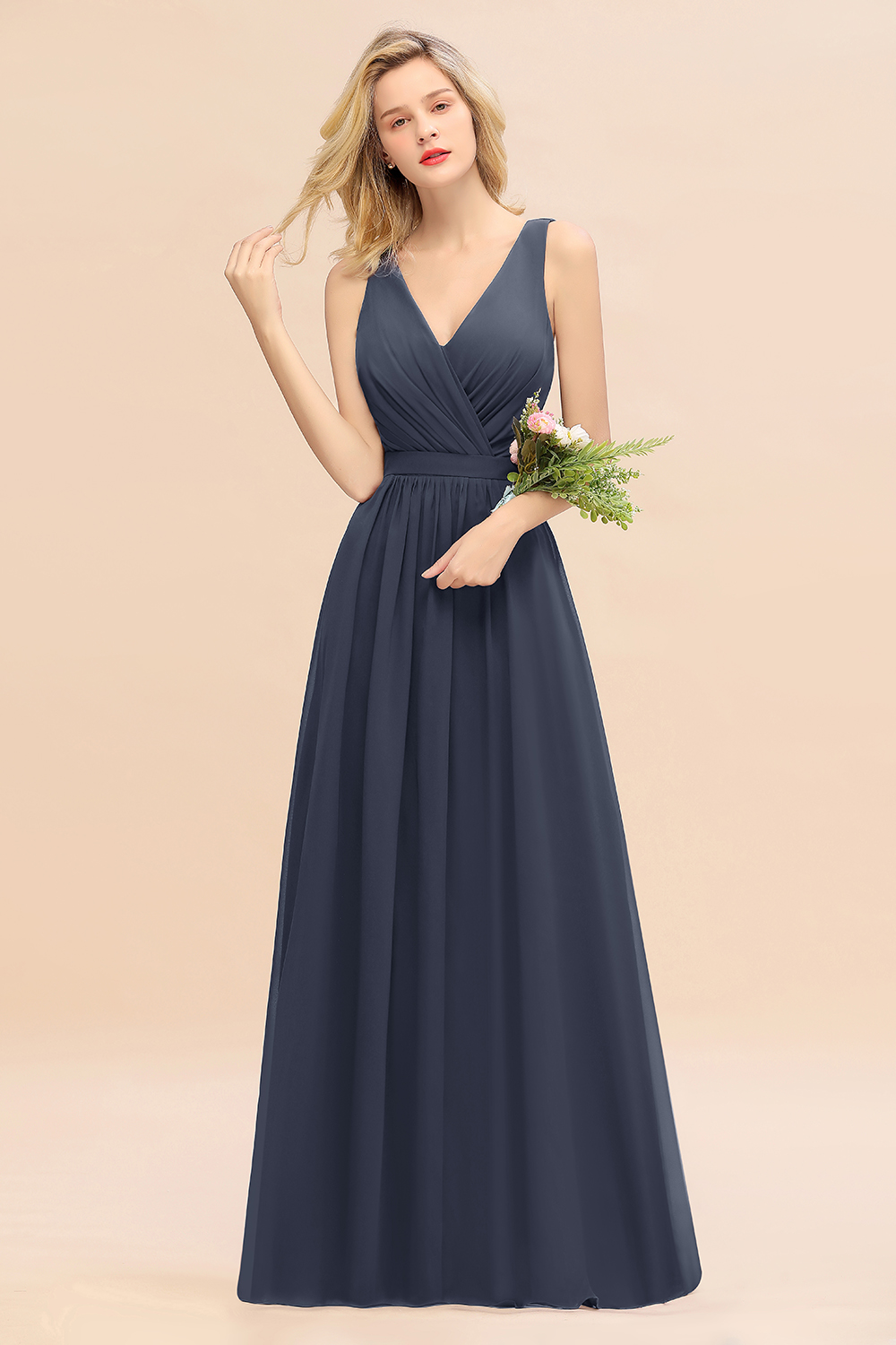 BMbridal Affordable V-Neck Ruffle Long Grape Chiffon Bridesmaid Dress with Bow-BMbridal