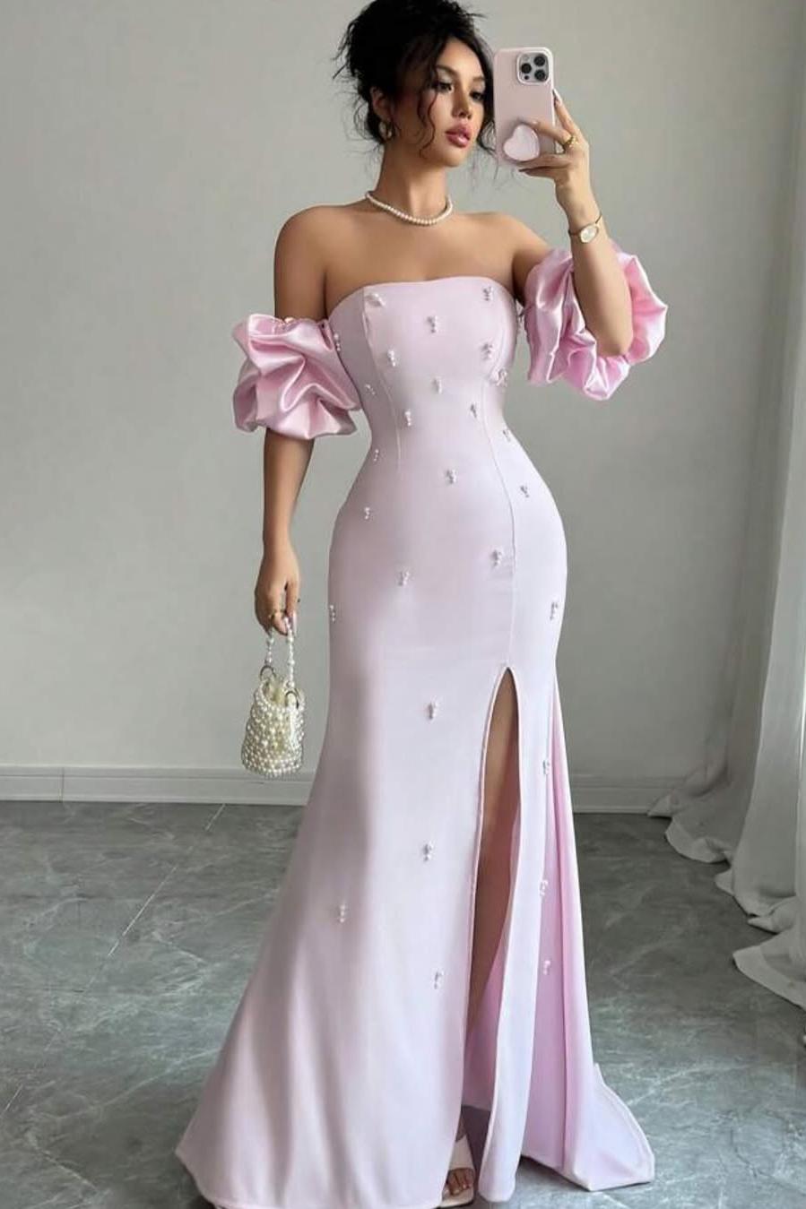 Strapless Bubble Sleeves Long Split Prom Dress With Beading
