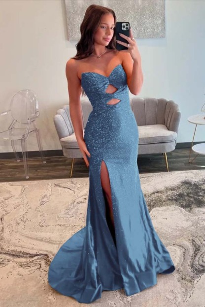 Strapless Sleeveless Mermaid Long Prom Dress With Split Sequins