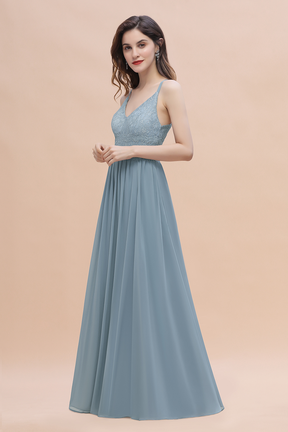 BMbridal Stylish Straps V-Neck Chiffon Lace Dusty Blue Bridesmaid Dress On Sale-BMbridal