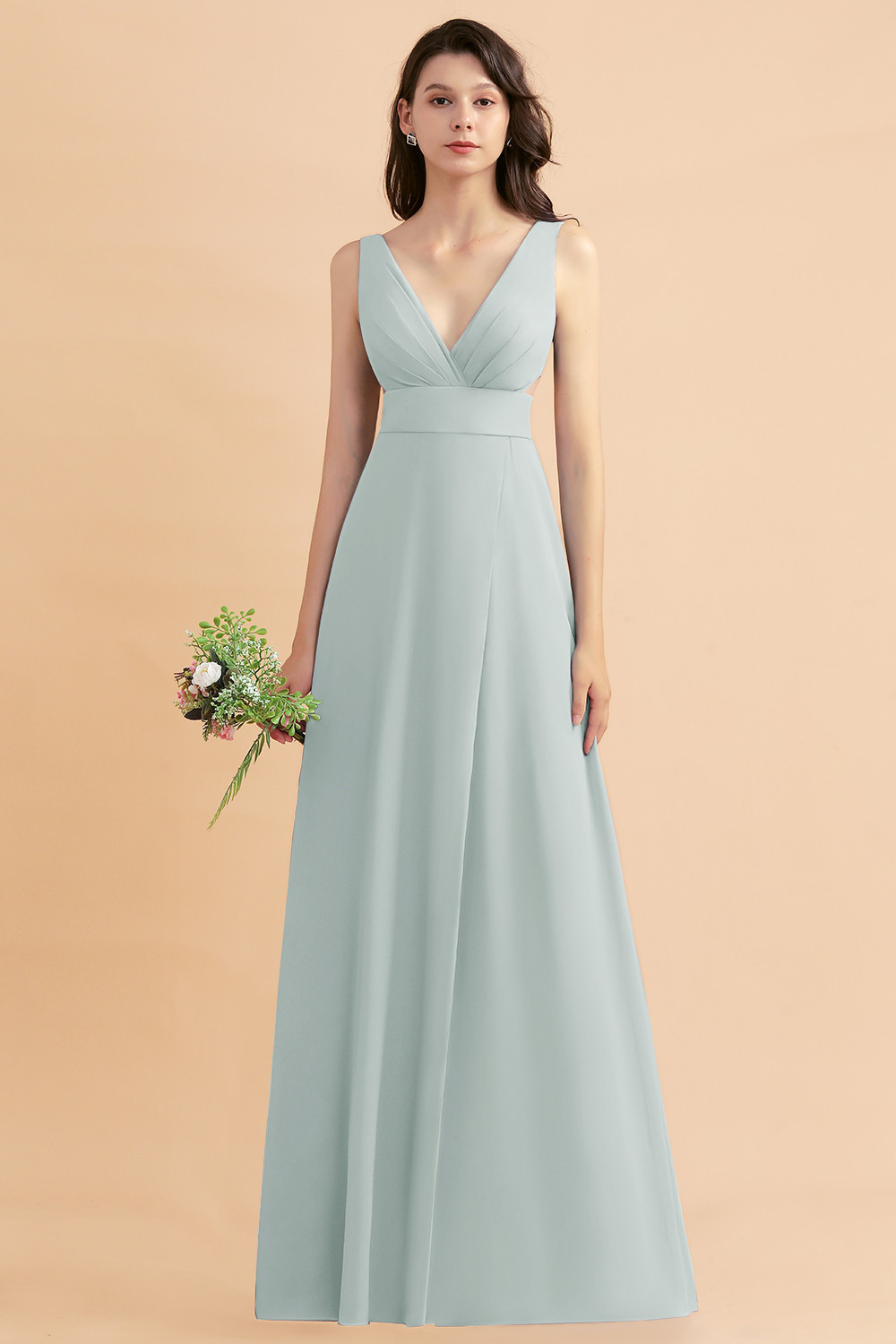 BMbridal A-Line Dusty Blue Chiffon Ruffles Bridesmaid Dress with Slit-BMbridal