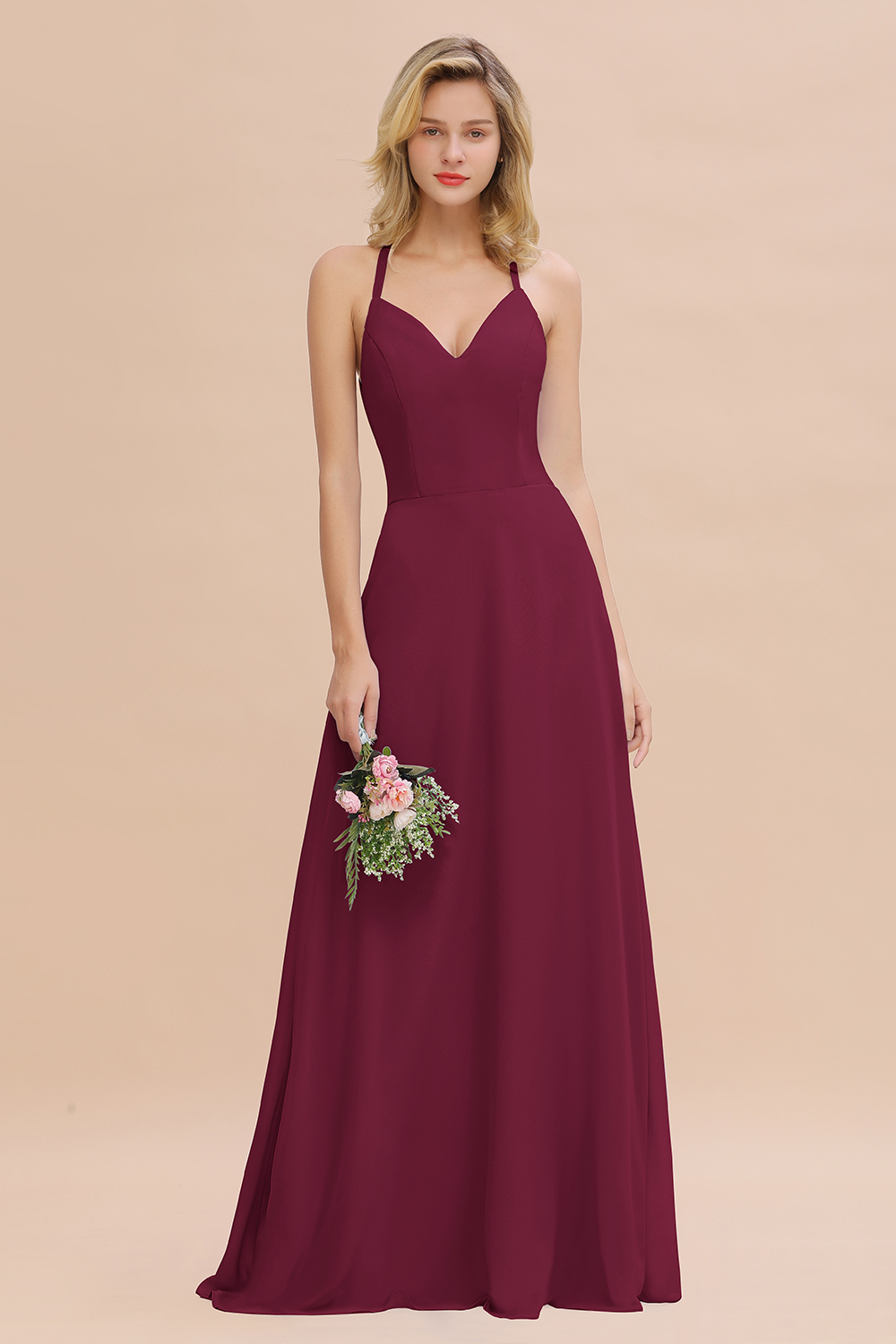 BMbridal Modest Halter V-Neck Sleeveless Long Bridesmaid Dresses Online-BMbridal