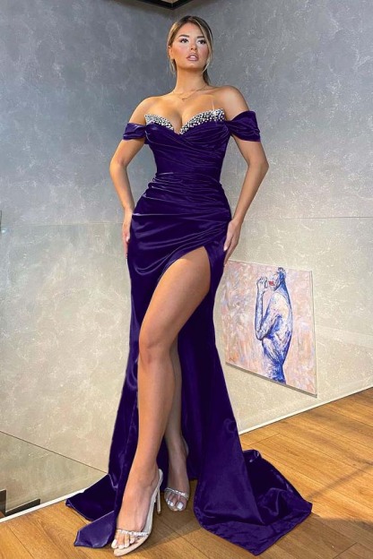 Off the Shoulder Dark Green Beadings Long Mermaid Prom Dress With Split