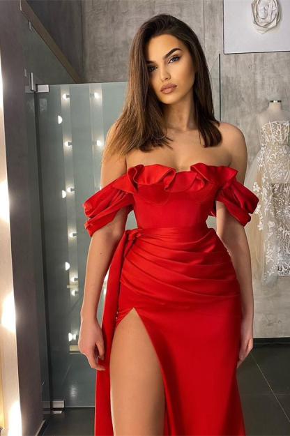 Red Off the Shoulder Strapless Front Split Prom Dress Long With Ruffles