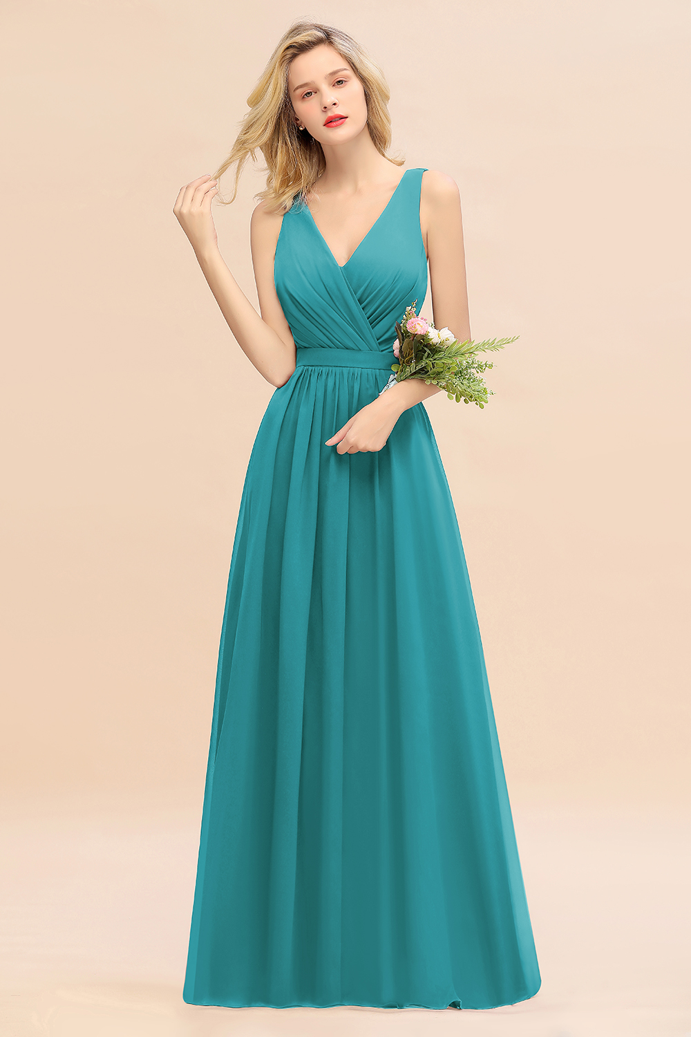 BMbridal Affordable V-Neck Ruffle Long Grape Chiffon Bridesmaid Dress with Bow-BMbridal