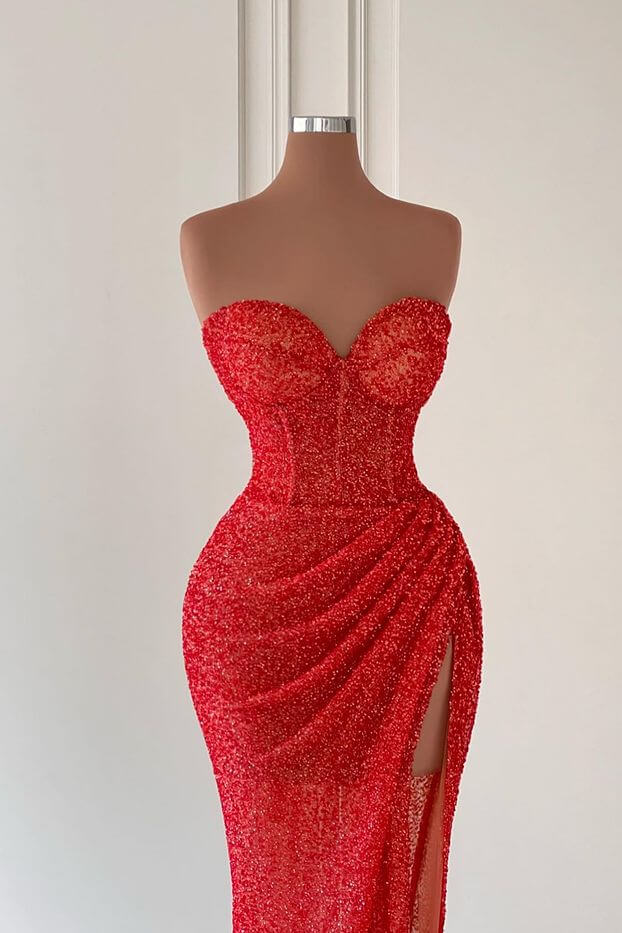 Red Sweetheart Sleeveless Long Mermaid Sequins Prom Dress With High Split