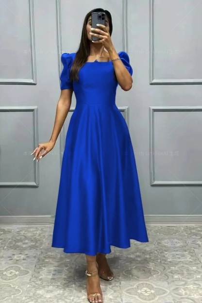 Elegant Square A Line High Waist Pleated Prom Dress With Short Sleeves