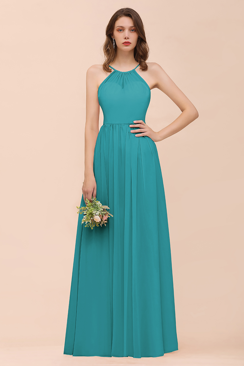 BMbridal Gorgeous Chiffon Halter Ruffle Affordable Long Bridesmaid Dress-BMbridal