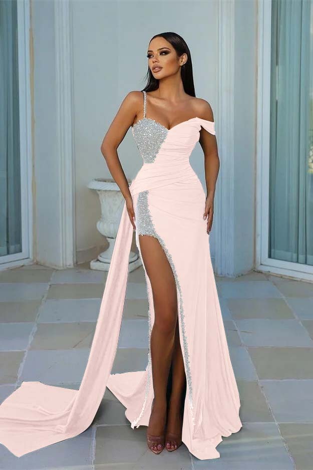 Chic Dark Green One Shoulder Sweetheart Mermaid Prom Dress Satin Split With Beads Ruffles