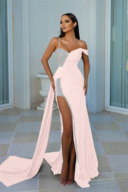 Chic Dark Green One Shoulder Sweetheart Mermaid Prom Dress Satin Split With Beads Ruffles