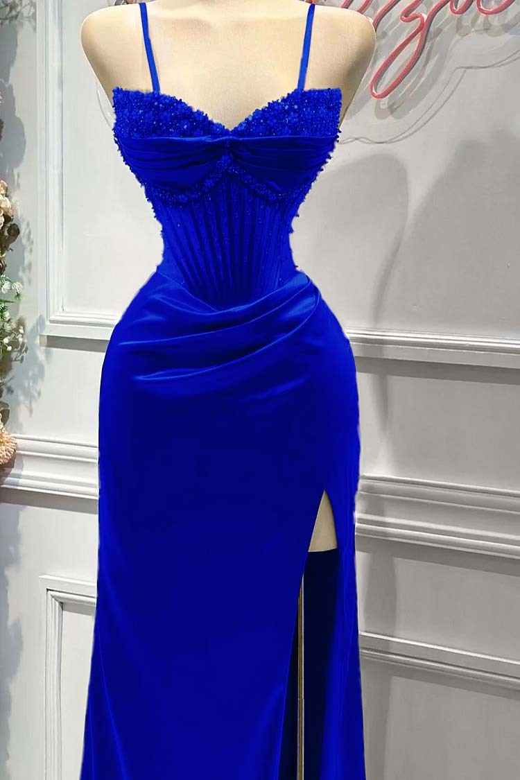 Red Spaghetti Strap Sleeveless Beading Long Prom Dress With Split