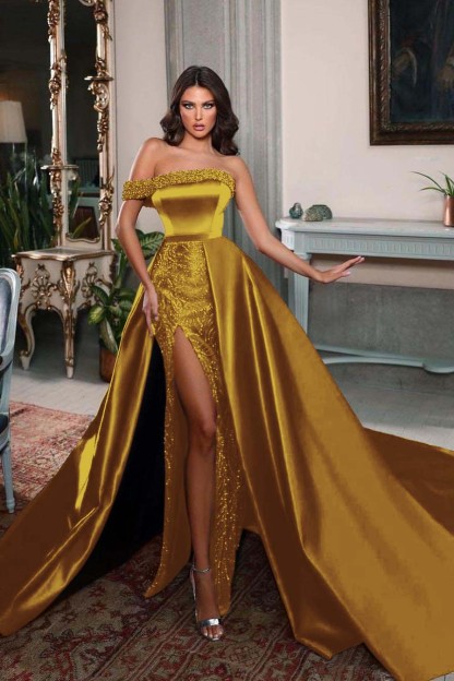 One Shoulder Sleeveless Long Split Prom Dress With Pleated Beading