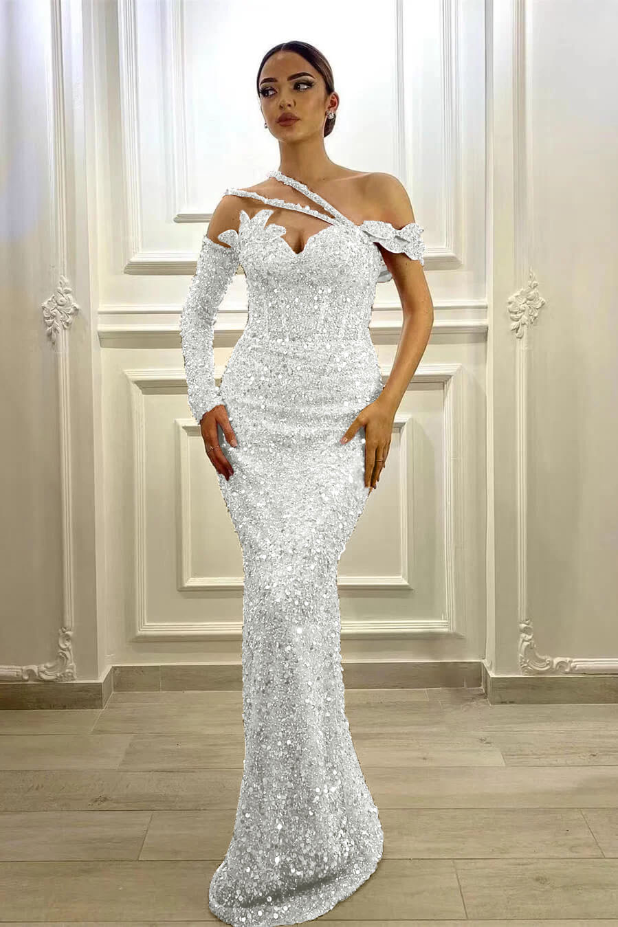 Gorgeous Long Sleeves One Shoulder Lavender Prom Dress Mermaid With Sequins