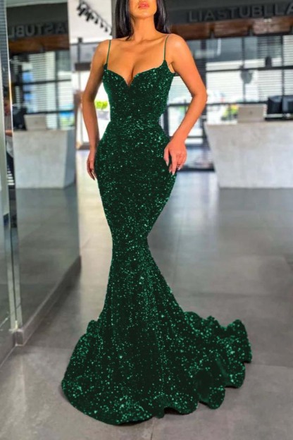 Spaghetti Strap Sleeveless Long Mermaid Prom Dress With Sequins
