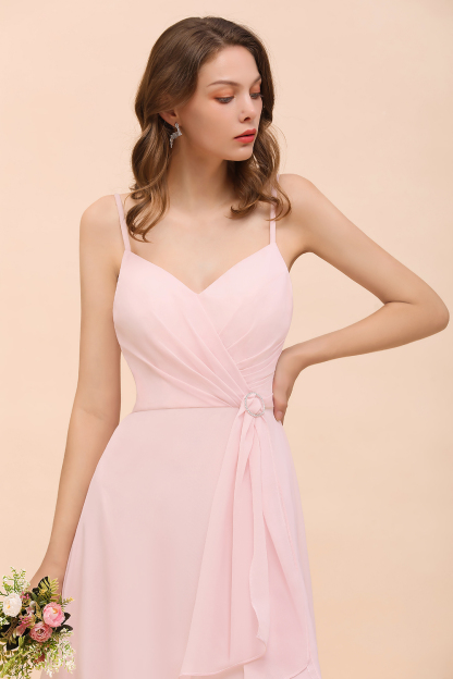 BMbridal Affordable Blushing Pink Spaghetti Straps Ruffle Bridesmaid Dress-BMbridal