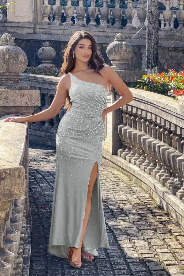 One Shoulder Sleeveless Long Mermaid Prom Dress With Split Beading