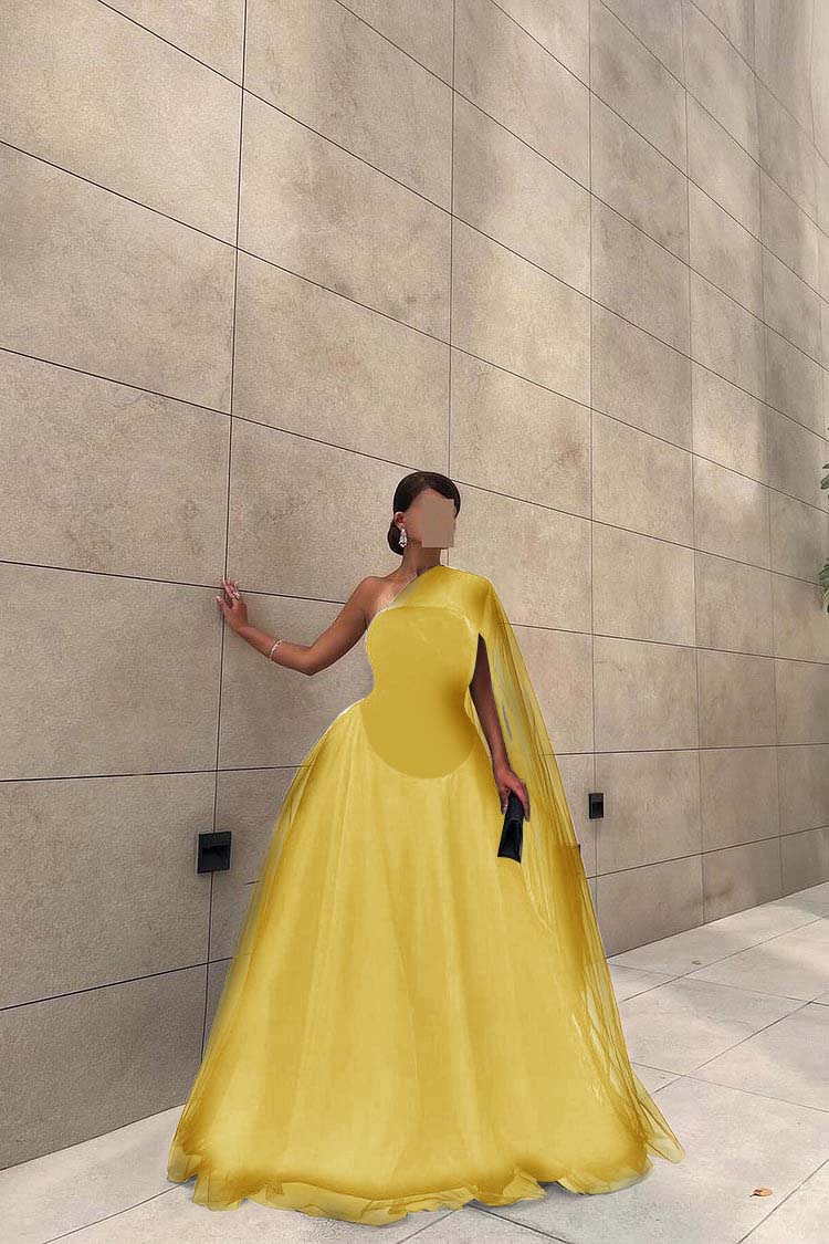 Chic Black Tulle One Shoulder Sleeveless Ball Gown Long Prom Dress