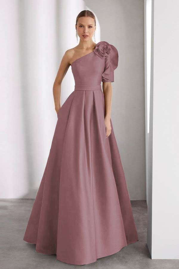 One Shoulder Sleeveless Long Prom Dress With Pleated Pockets