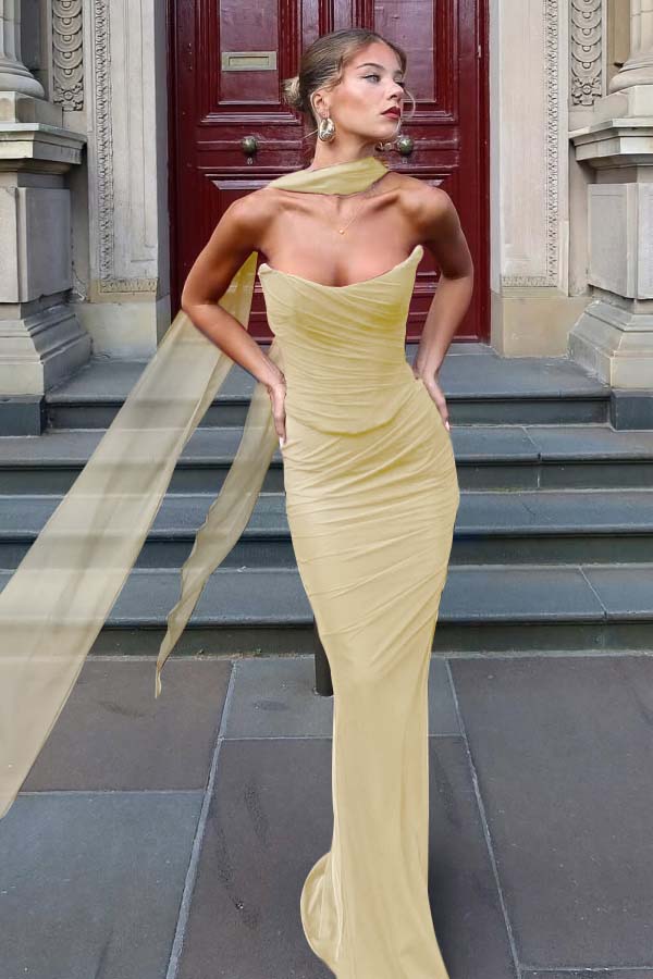 Chiffon Strapless Sleeveless Long Mermaid Prom Dress With Pleated