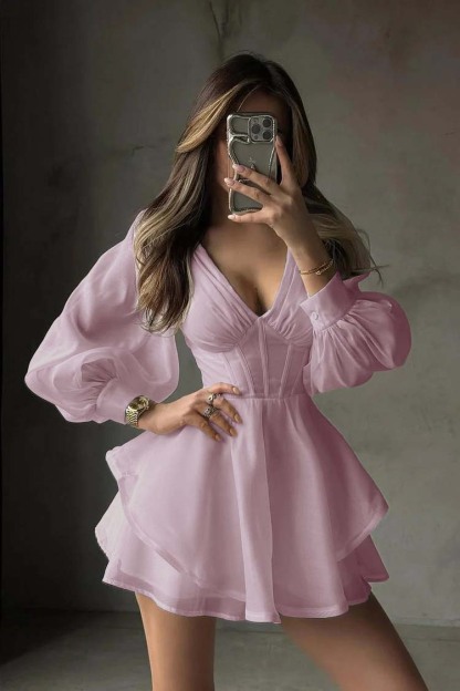 White Long Sleeves V Neck Short Prom Dress With Ruffles Pleated