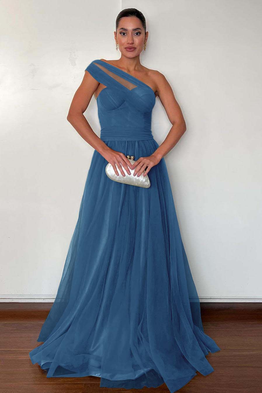 One Shoulder Sweetheart Sleeveless Long Prom Dress With Pleated