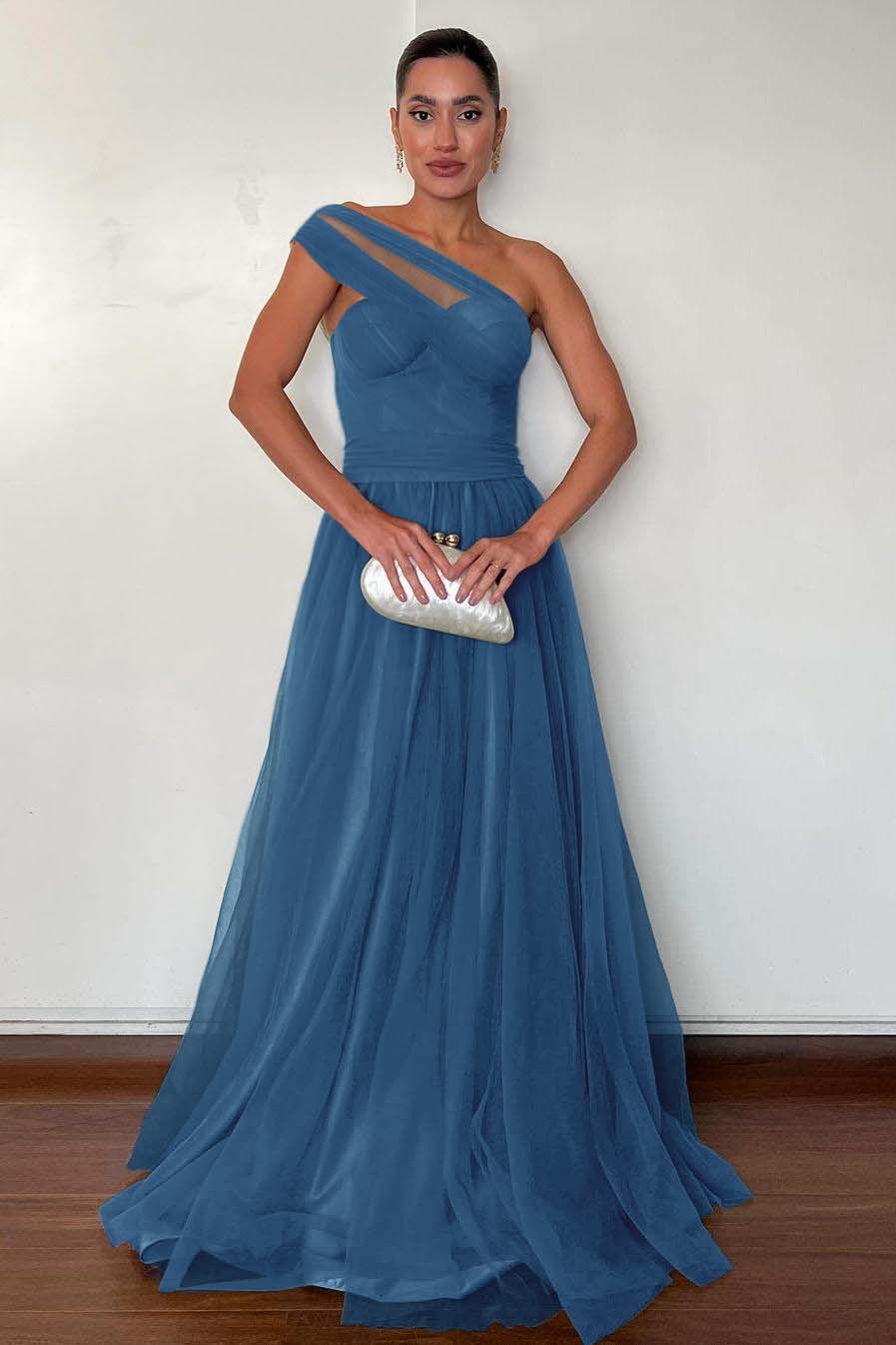 One Shoulder Sweetheart Sleeveless Long Prom Dress With Pleated