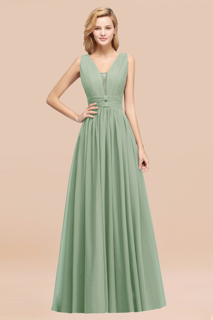 BMbridal Modest Dark Green Long Bridesmaid Dress Deep V-Neck Chiffon Maid of Honor Dress-BMbridal