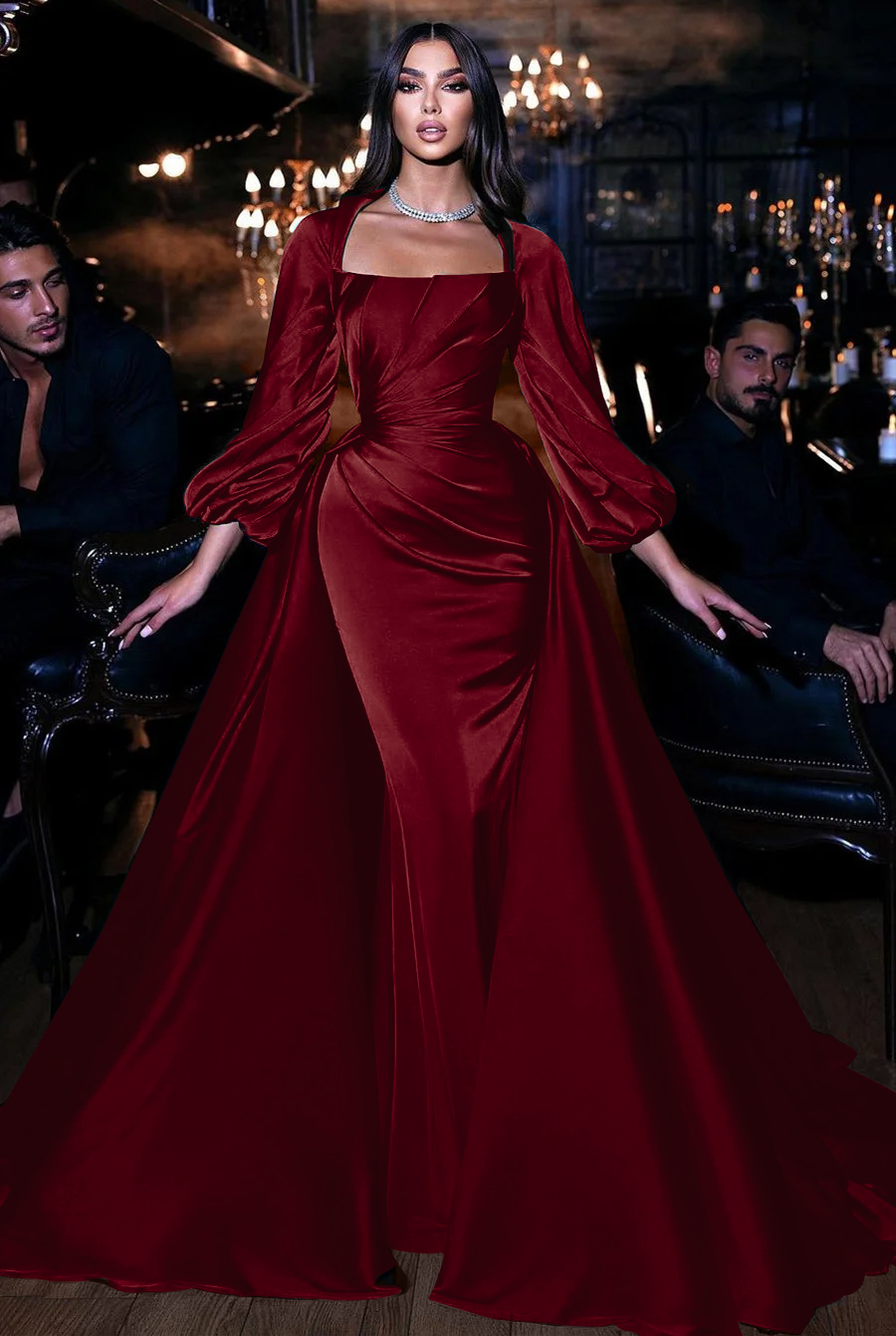 Square Emerald Long Sleeves Pleated Long Mermaid Prom Dress With Ruffles